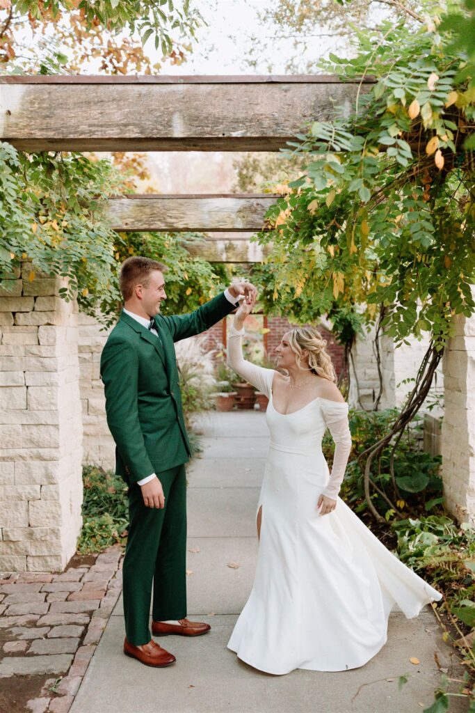 Bride and groom dance at Lauritzen Gardens elopement in Nebraska