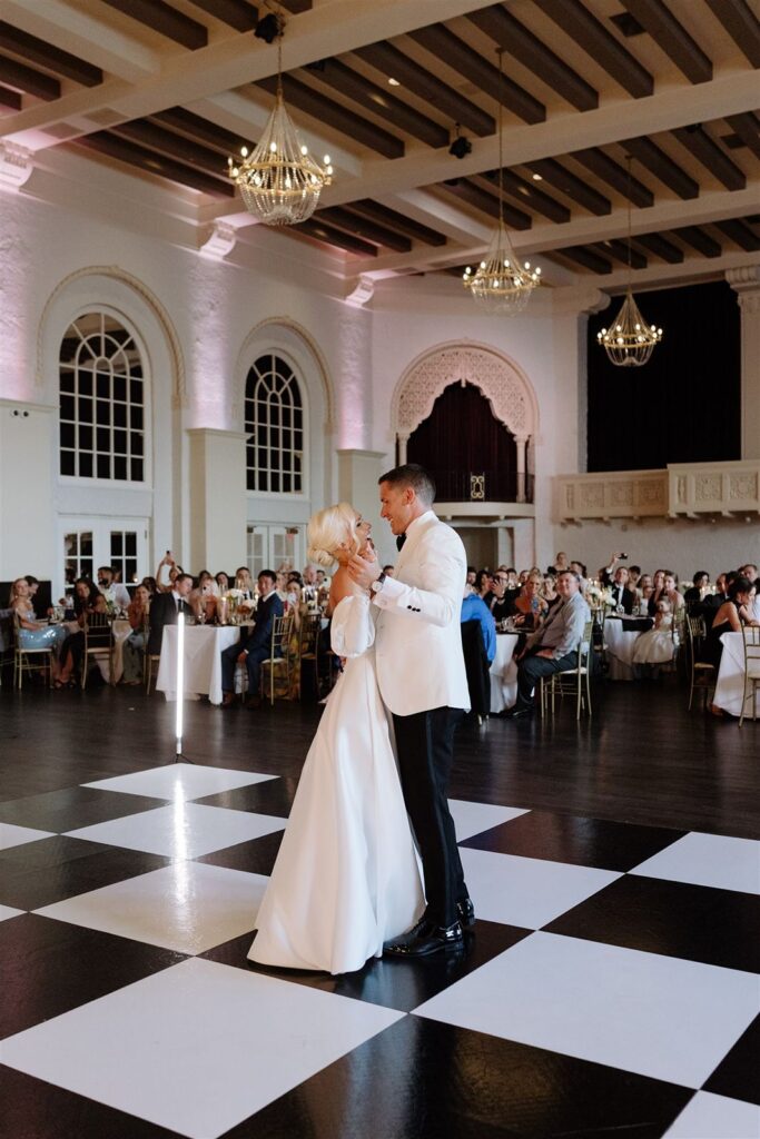Bride and groom dance at Leo Ballroom in Omaha NE.