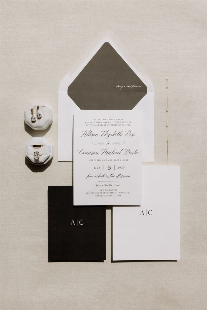 Leo Ballroom Omaha wedding invitation suite.